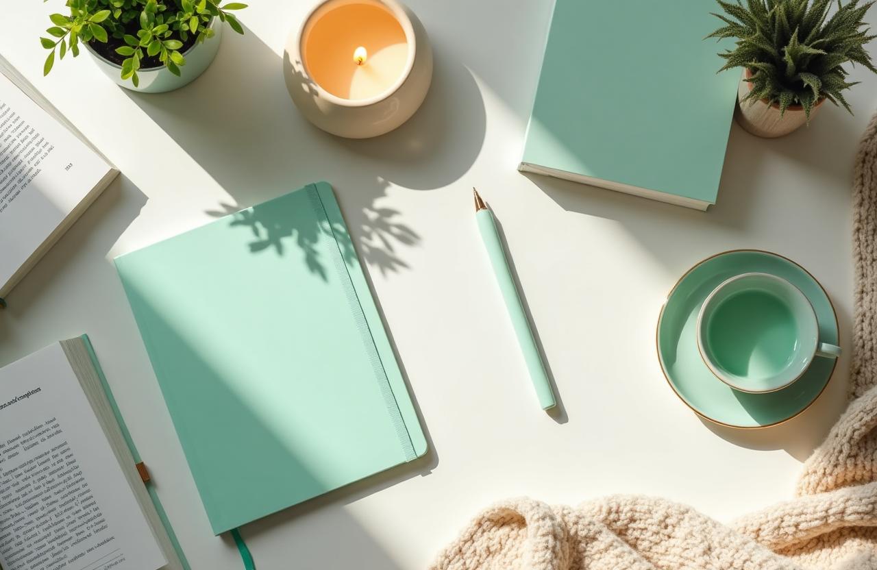 Cuaderno menta, libros de crecimiento personal, taza de té y vela para apoyo psicológico