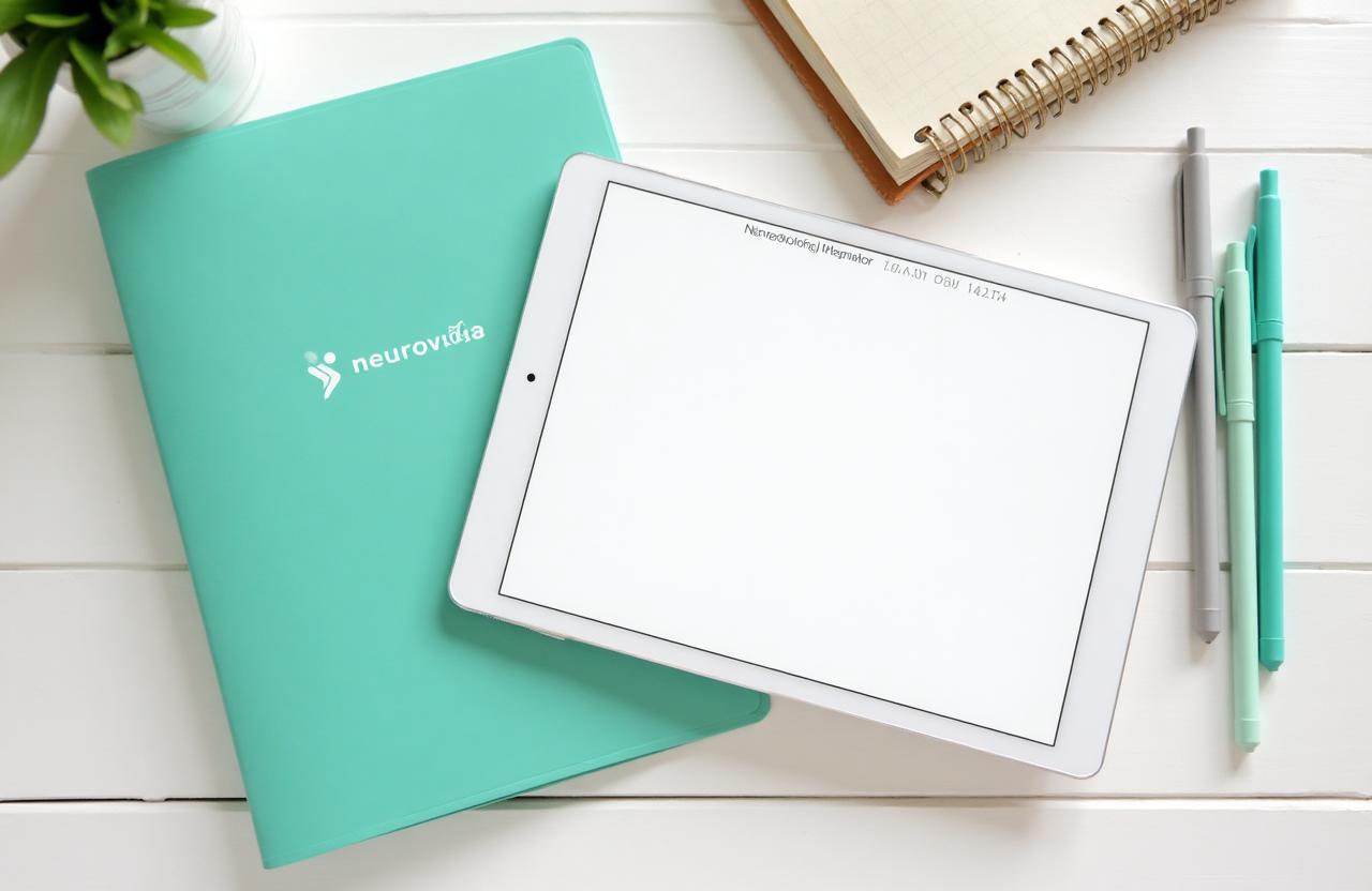 Tablet con checklist, carpeta Neurovida, calendario y plan de cuidados para asesoramiento a familias