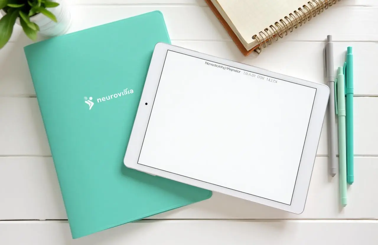 Tablet con checklist, carpeta Neurovida, calendario y plan de cuidados para asesoramiento a familias
