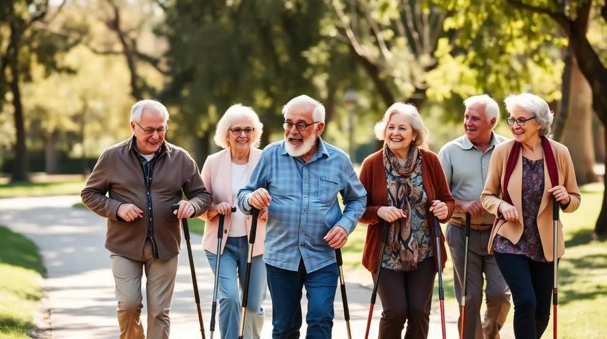 Grupo de personas mayores caminando juntas en un parque, representando el envejecimiento activo y la prevención de la demencia
