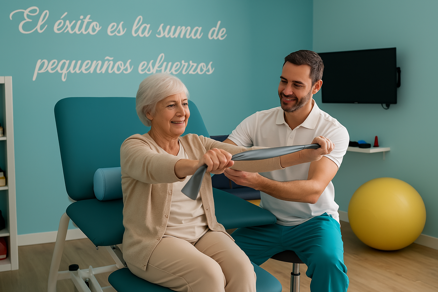 Sesión de fisioterapia neurológica con pelota de ejercicio en sala de rehabilitación de Neurovida