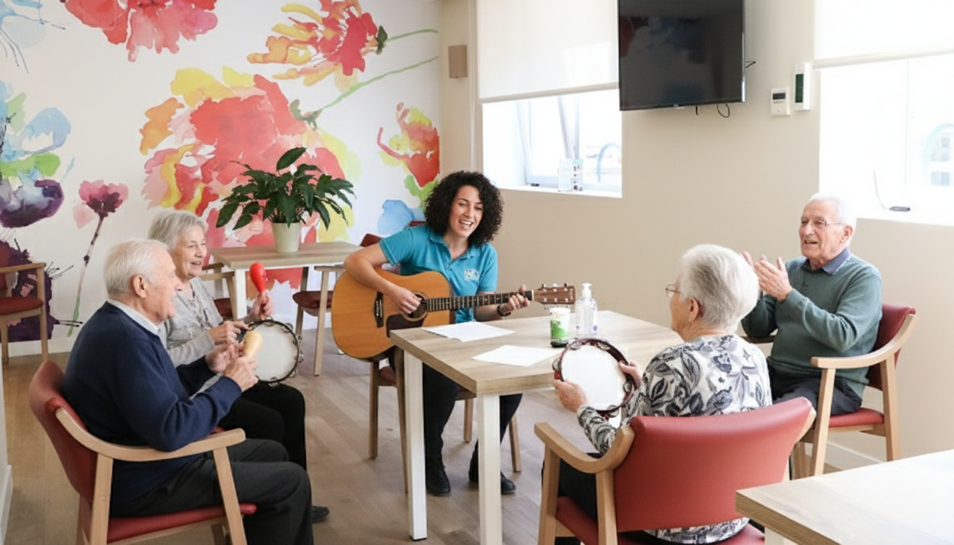 Sesión de musicoterapia: terapeuta tocando guitarra para persona mayor en Neurovida
