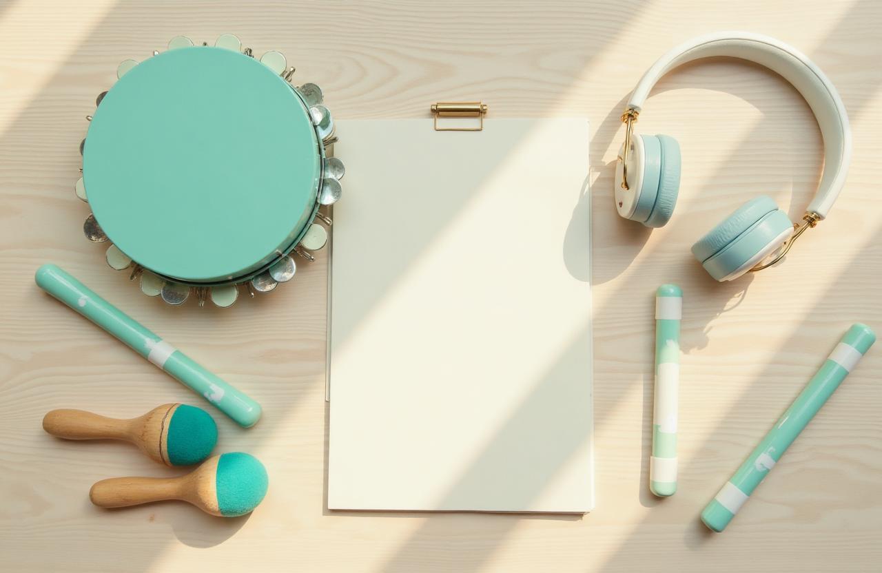 Pandereta, maracas de madera, boomwhackers turquesa y auriculares para musicoterapia