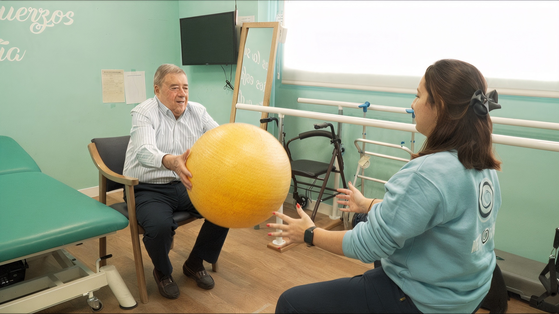 Fisioterapeuta de Neurovida trabajando con un participante con una pelota de ejercicio