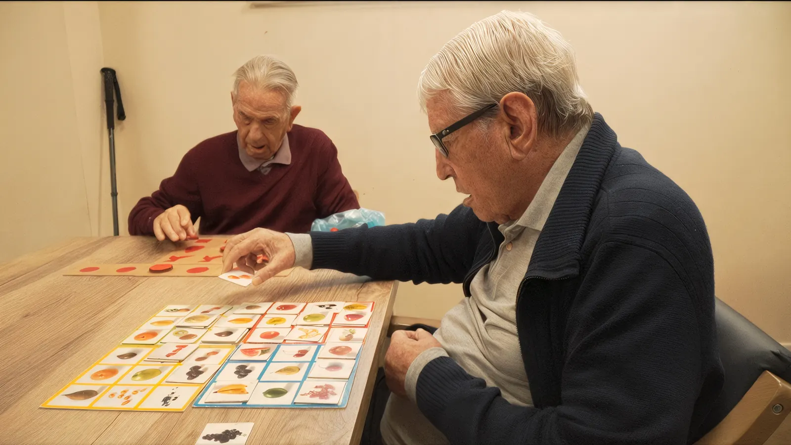 Dos participantes resolviendo un ejercicio de estimulación cognitiva con tarjetas en una mesa de Neurovida