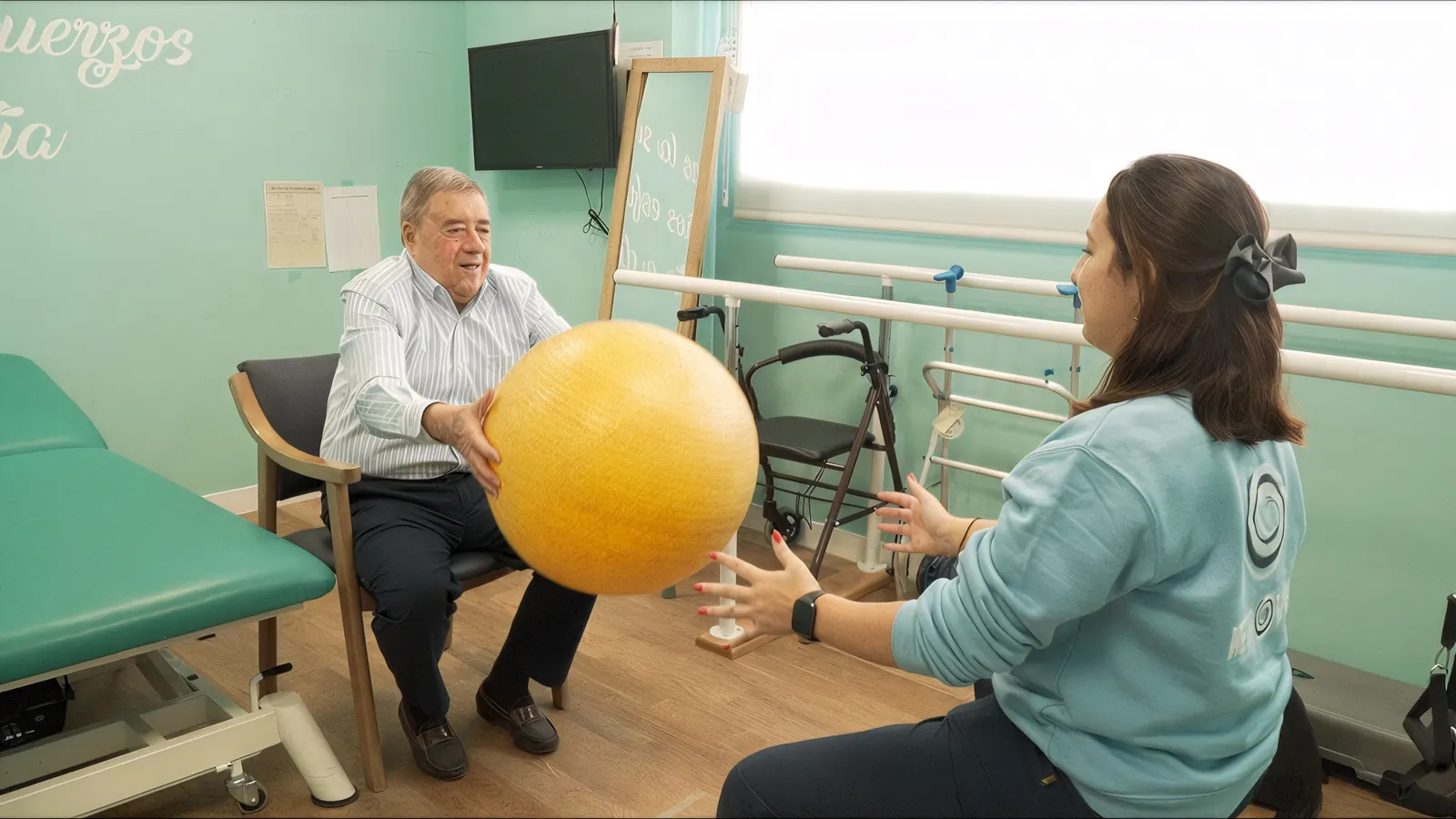 Fisioterapeuta de Neurovida haciendo un ejercicio con pelota amarilla junto a un participante