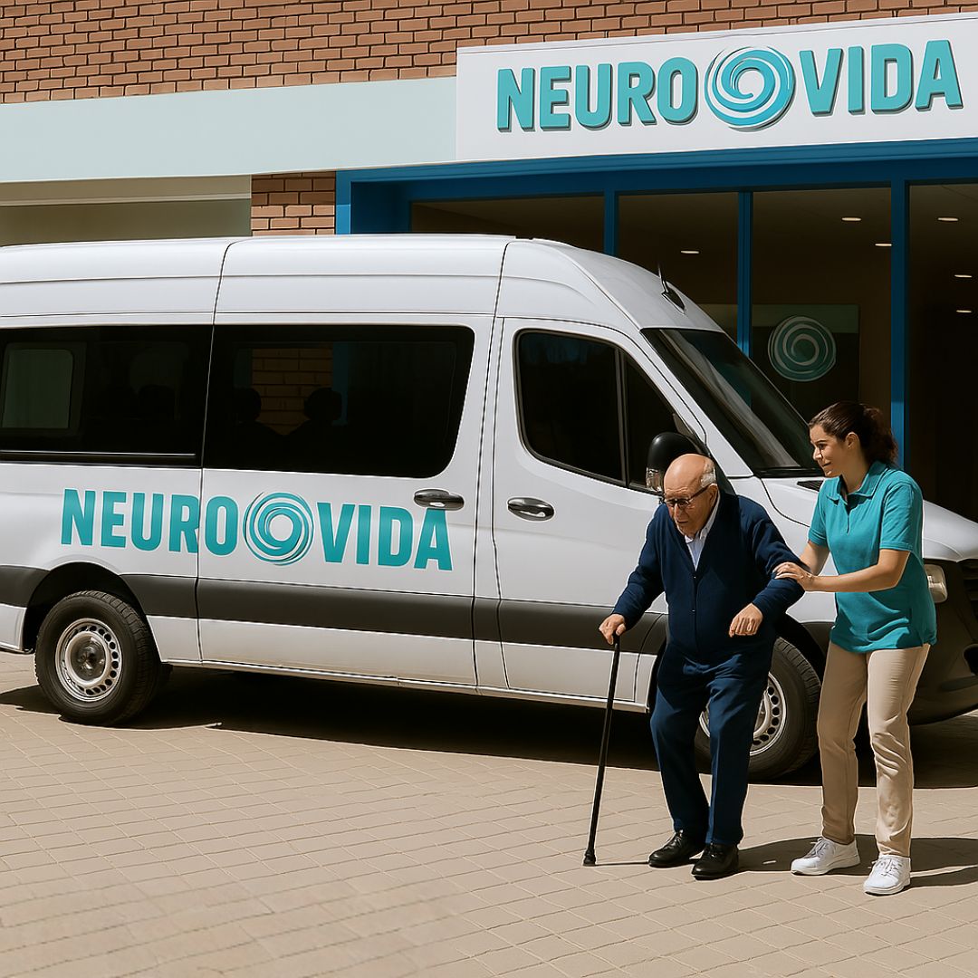 Cuidadora de Neurovida ayudando a persona mayor a subir al vehículo de transporte adaptado