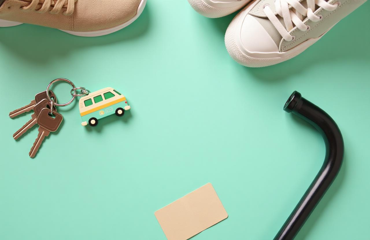 Llaves con llavero Neurovida, zapatillas cómodas y bastón para transporte adaptado