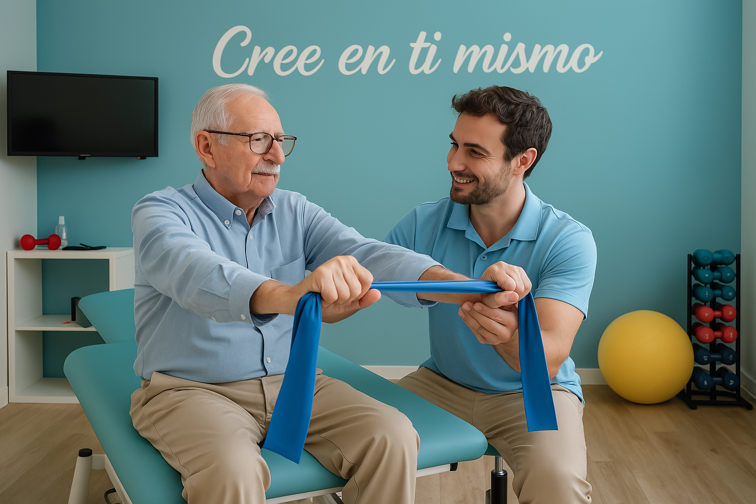 Fisioterapeuta ayudando a persona mayor con ejercicios de rehabilitación usando banda elástica
